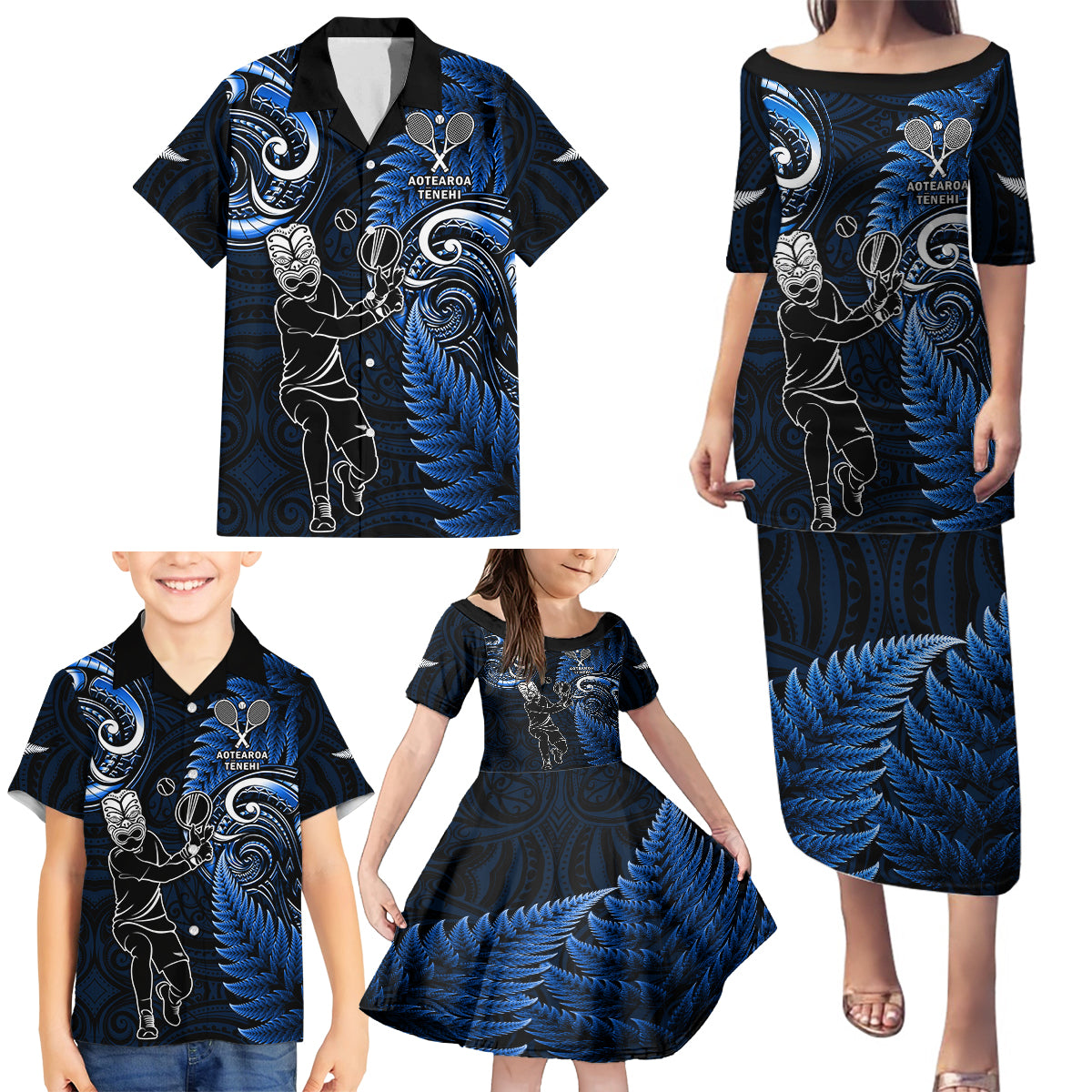 New Zealand Tiki Tennis Family Matching Puletasi and Hawaiian Shirt 2024 Aotearoa Tenehi Maori Silver Fern - Blue LT14 - Polynesian Pride