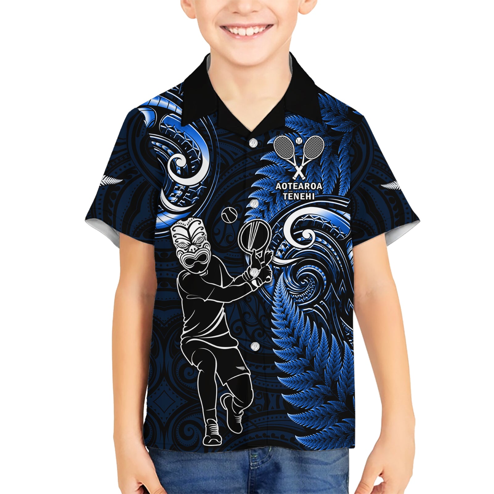 New Zealand Tiki Tennis Kid Hawaiian Shirt 2024 Aotearoa Tenehi Maori Silver Fern - Blue LT14 Kid Blue - Polynesian Pride