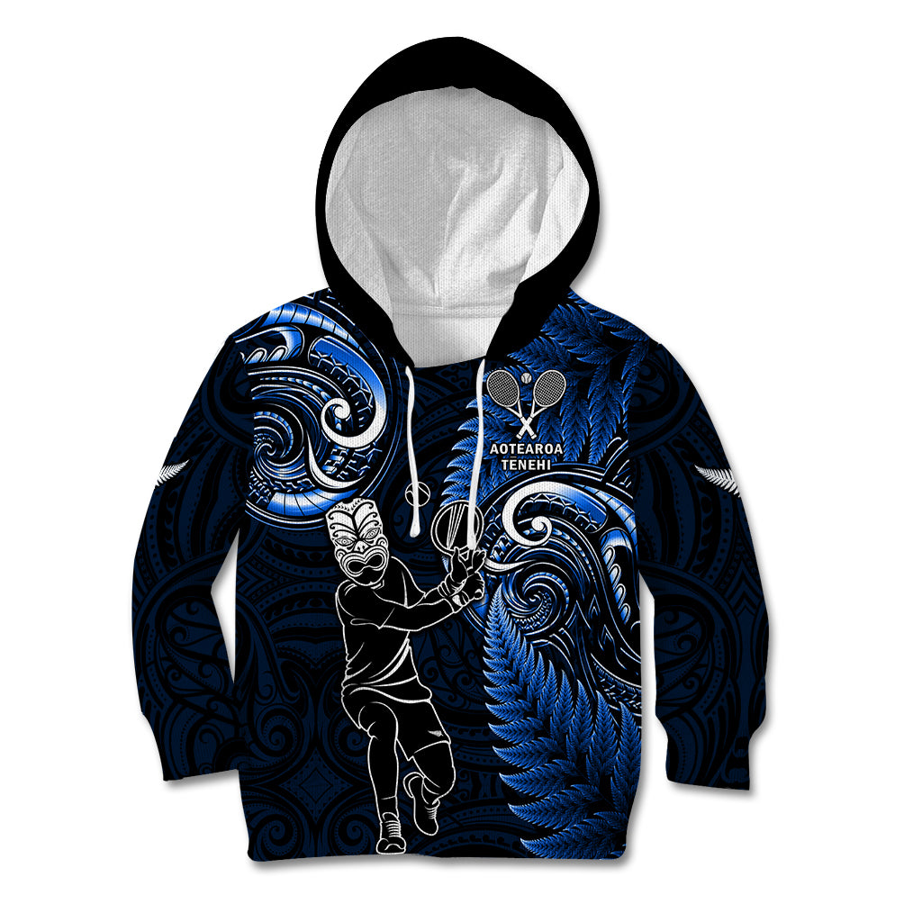 New Zealand Tiki Tennis Kid Hoodie 2024 Aotearoa Tenehi Maori Silver Fern - Blue LT14 Hoodie Blue - Polynesian Pride