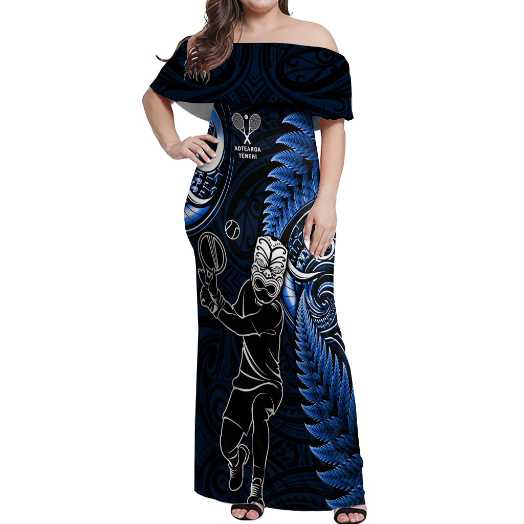 New Zealand Tiki Tennis Off Shoulder Maxi Dress 2024 Aotearoa Tenehi Maori Silver Fern - Blue LT14 Women Blue - Polynesian Pride