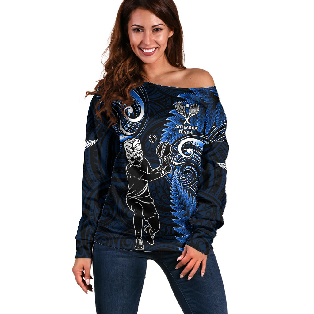 New Zealand Tiki Tennis Off Shoulder Sweater 2024 Aotearoa Tenehi Maori Silver Fern - Blue LT14 Women Blue - Polynesian Pride