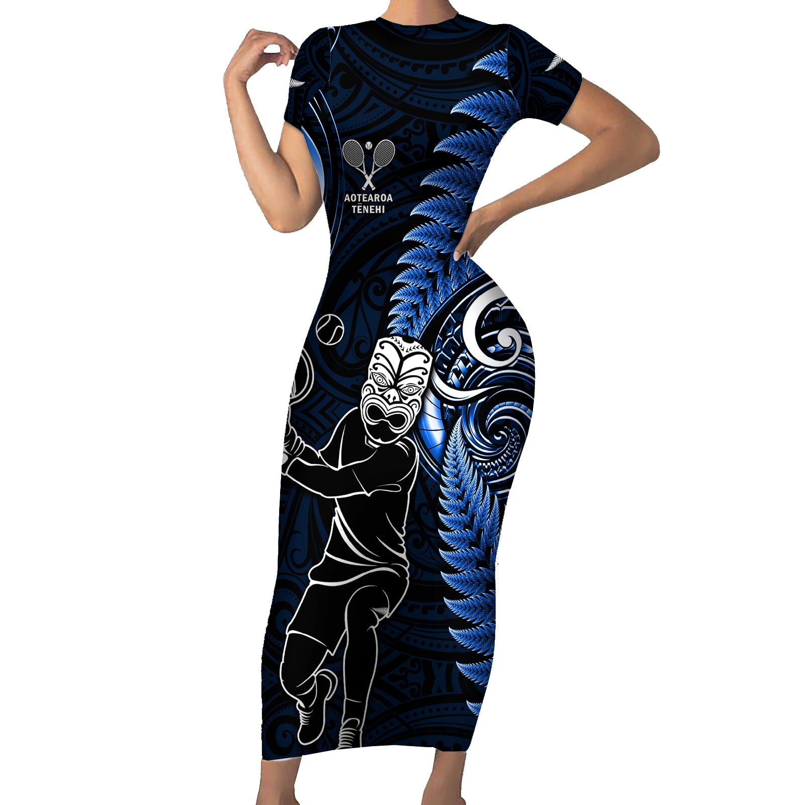 New Zealand Tiki Tennis Short Sleeve Bodycon Dress 2024 Aotearoa Tenehi Maori Silver Fern - Blue LT14 Long Dress Blue - Polynesian Pride