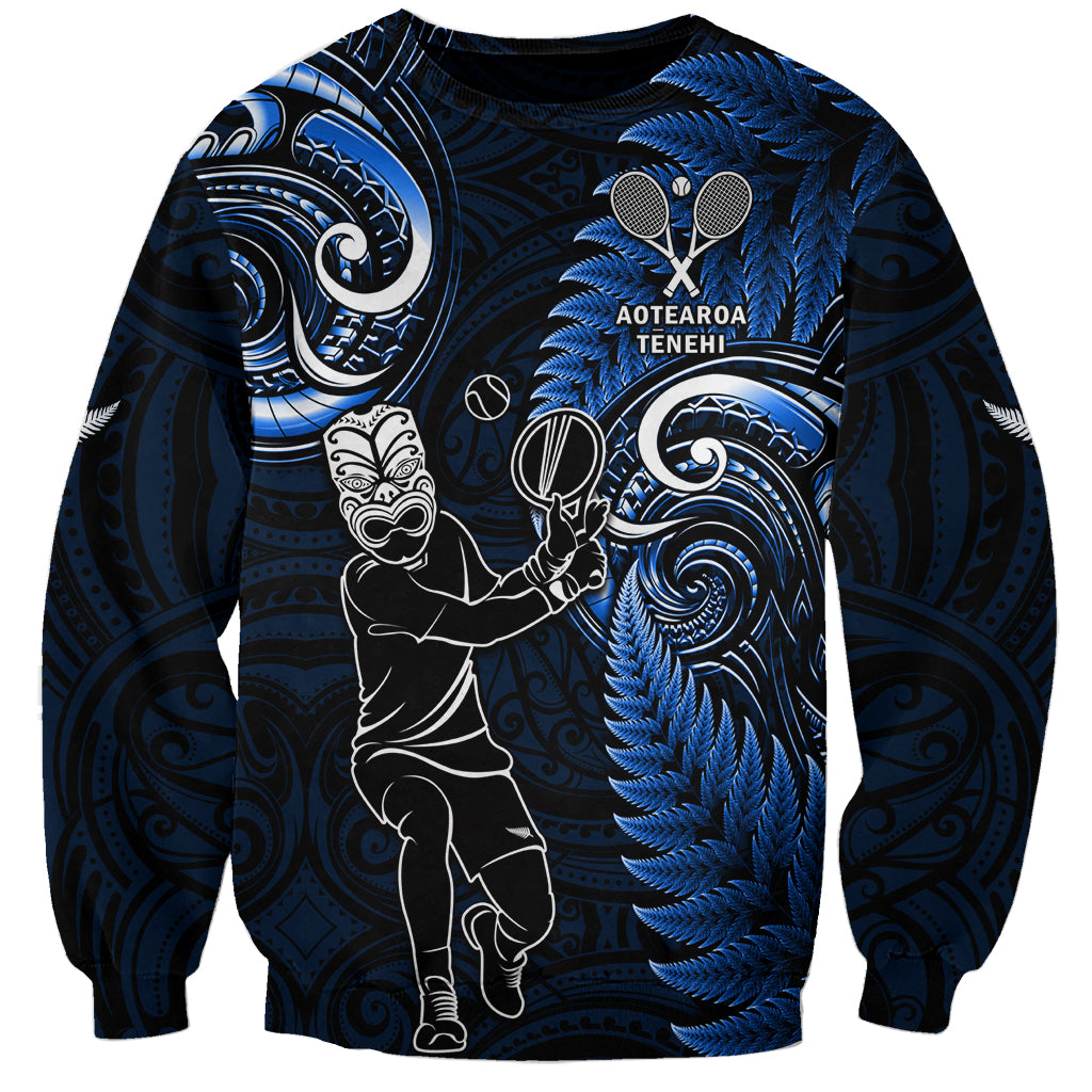 New Zealand Tiki Tennis Sweatshirt 2024 Aotearoa Tenehi Maori Silver Fern - Blue LT14 Unisex Blue - Polynesian Pride