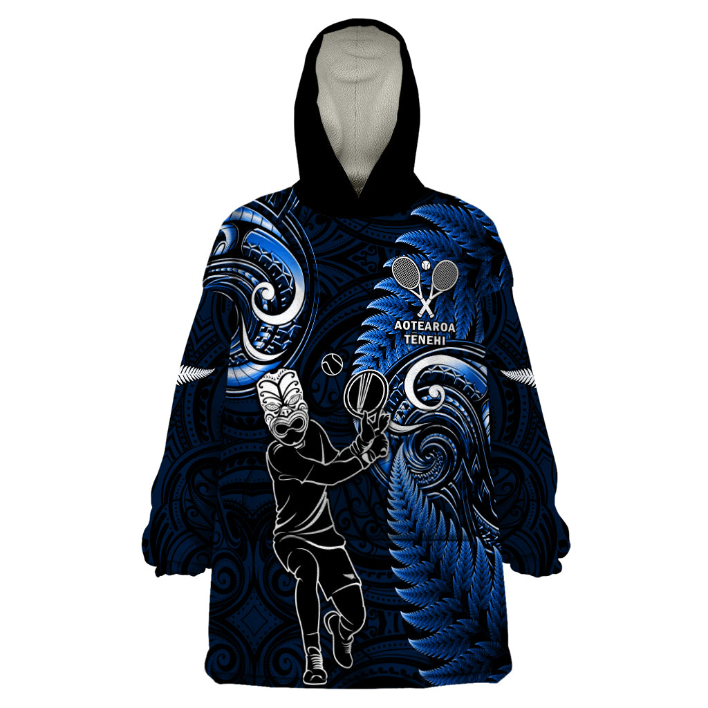 New Zealand Tiki Tennis Wearable Blanket Hoodie 2024 Aotearoa Tenehi Maori Silver Fern - Blue LT14 One Size Blue - Polynesian Pride