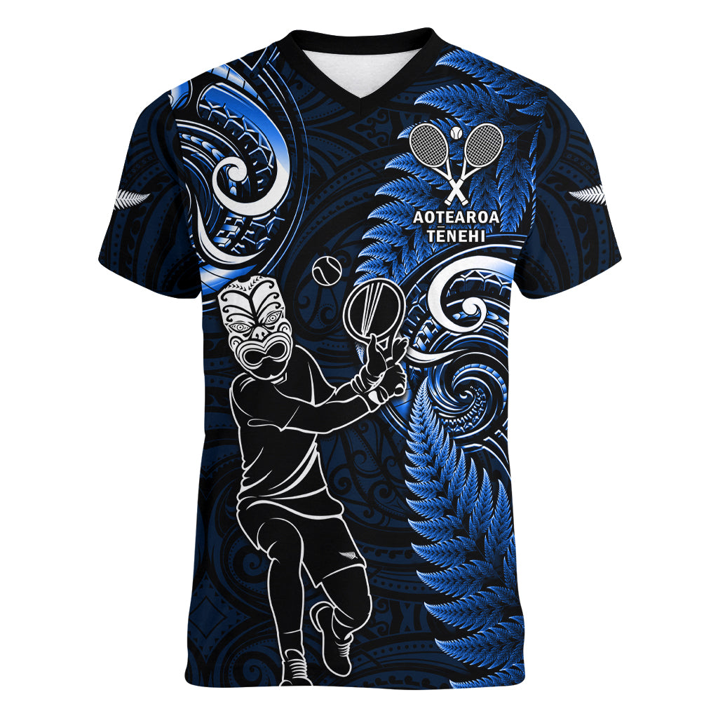 New Zealand Tiki Tennis Women V Neck T Shirt 2024 Aotearoa Tenehi Maori Silver Fern - Blue LT14 Female Blue - Polynesian Pride