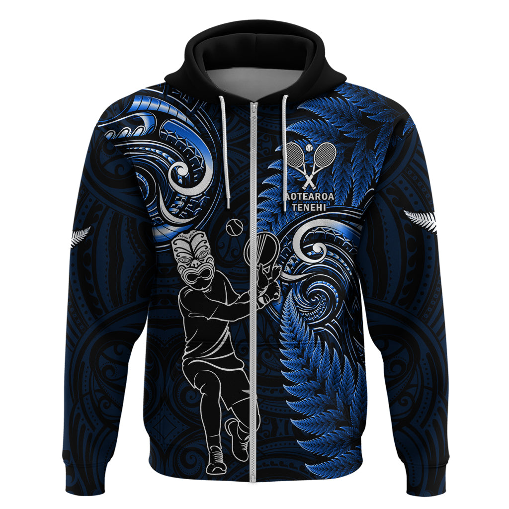 New Zealand Tiki Tennis Zip Hoodie 2024 Aotearoa Tenehi Maori Silver Fern - Blue LT14 Zip Hoodie Blue - Polynesian Pride