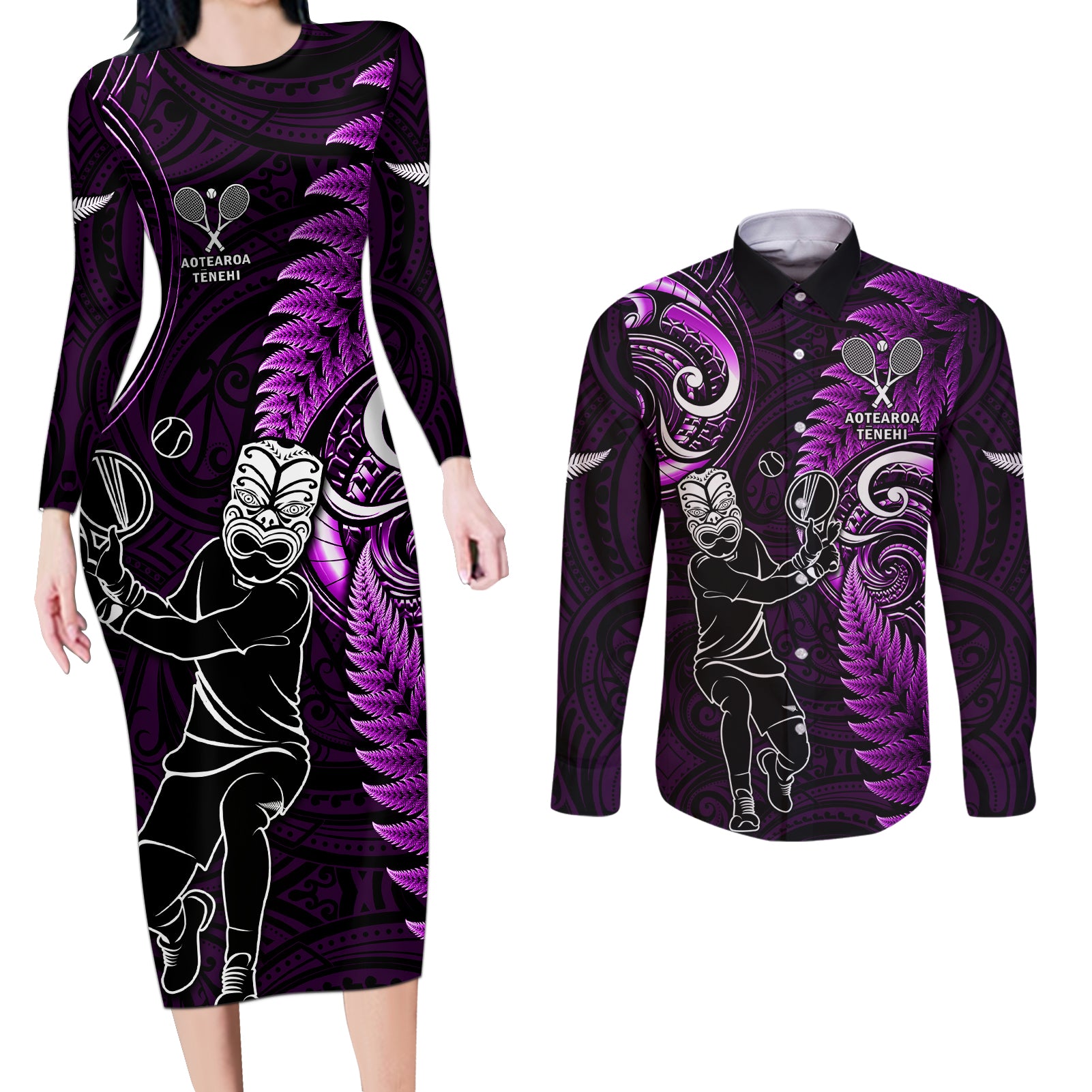 New Zealand Tiki Tennis Couples Matching Long Sleeve Bodycon Dress and Long Sleeve Button Shirt 2024 Aotearoa Tenehi Maori Silver Fern - Purple LT14 Purple - Polynesian Pride