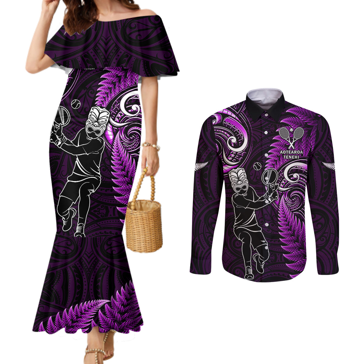 New Zealand Tiki Tennis Couples Matching Mermaid Dress and Long Sleeve Button Shirt 2024 Aotearoa Tenehi Maori Silver Fern - Purple LT14 Purple - Polynesian Pride