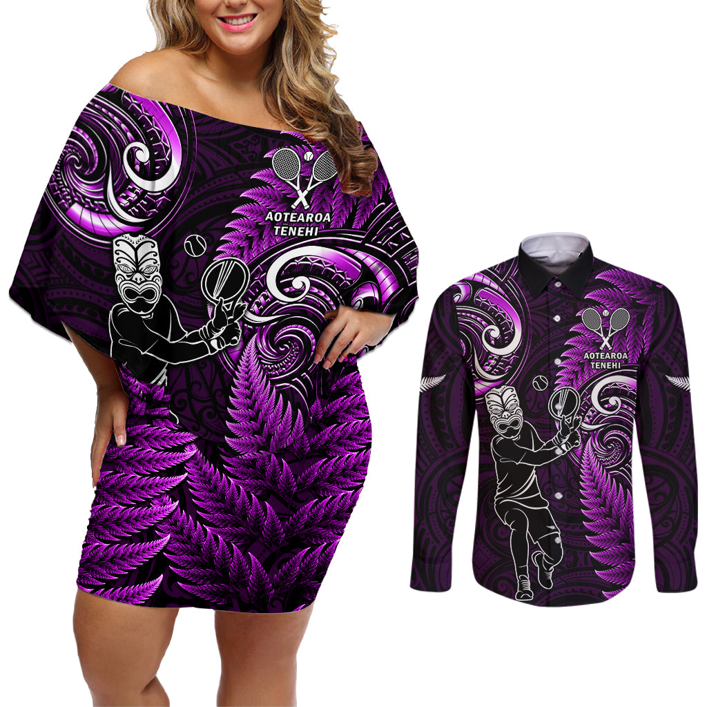 New Zealand Tiki Tennis Couples Matching Off Shoulder Short Dress and Long Sleeve Button Shirt 2024 Aotearoa Tenehi Maori Silver Fern - Purple LT14 Purple - Polynesian Pride