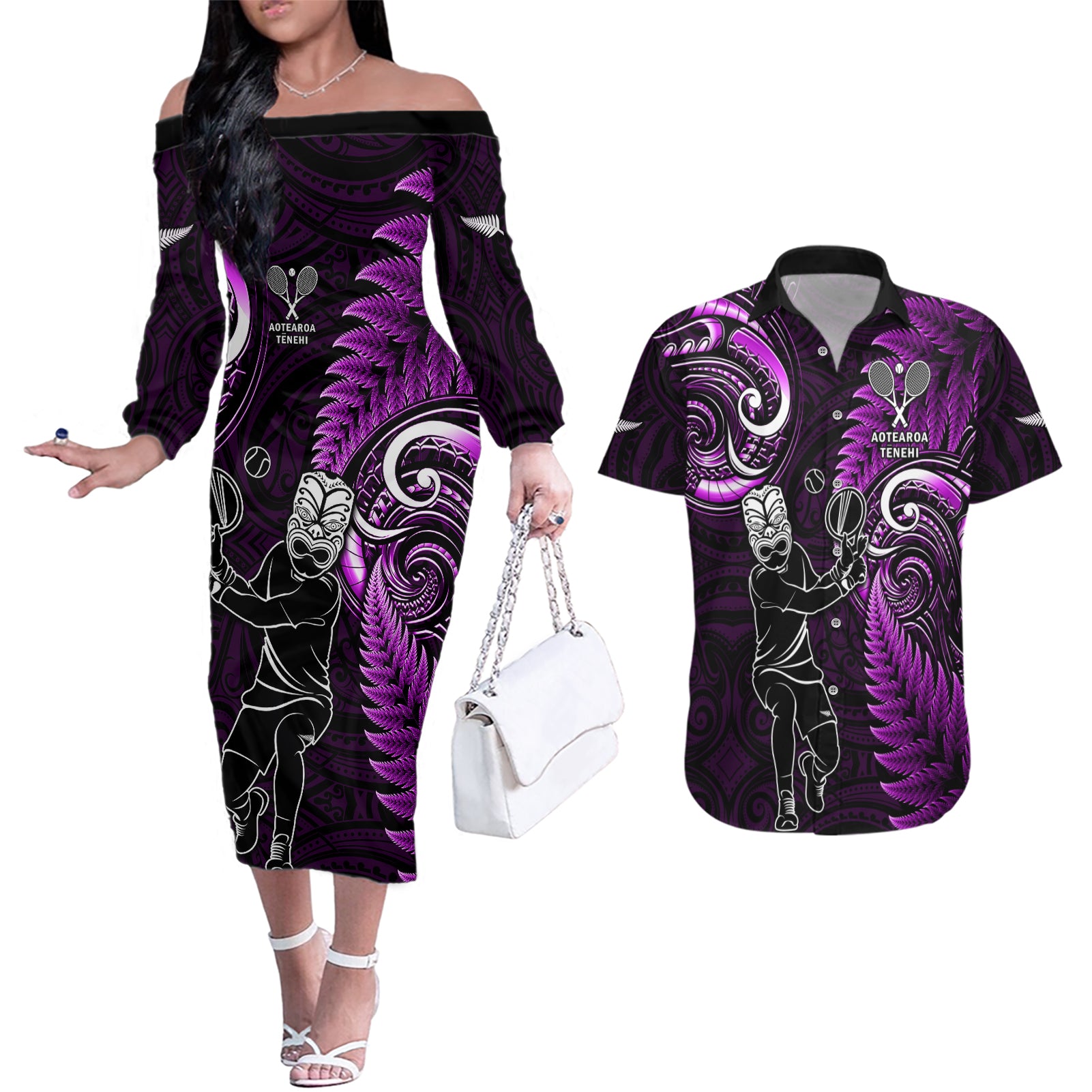 New Zealand Tiki Tennis Couples Matching Off The Shoulder Long Sleeve Dress and Hawaiian Shirt 2024 Aotearoa Tenehi Maori Silver Fern - Purple LT14 Purple - Polynesian Pride