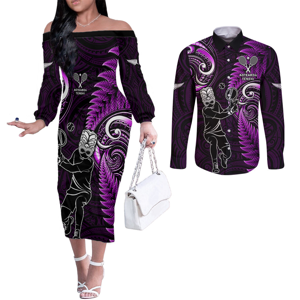 New Zealand Tiki Tennis Couples Matching Off The Shoulder Long Sleeve Dress and Long Sleeve Button Shirt 2024 Aotearoa Tenehi Maori Silver Fern - Purple LT14 Purple - Polynesian Pride