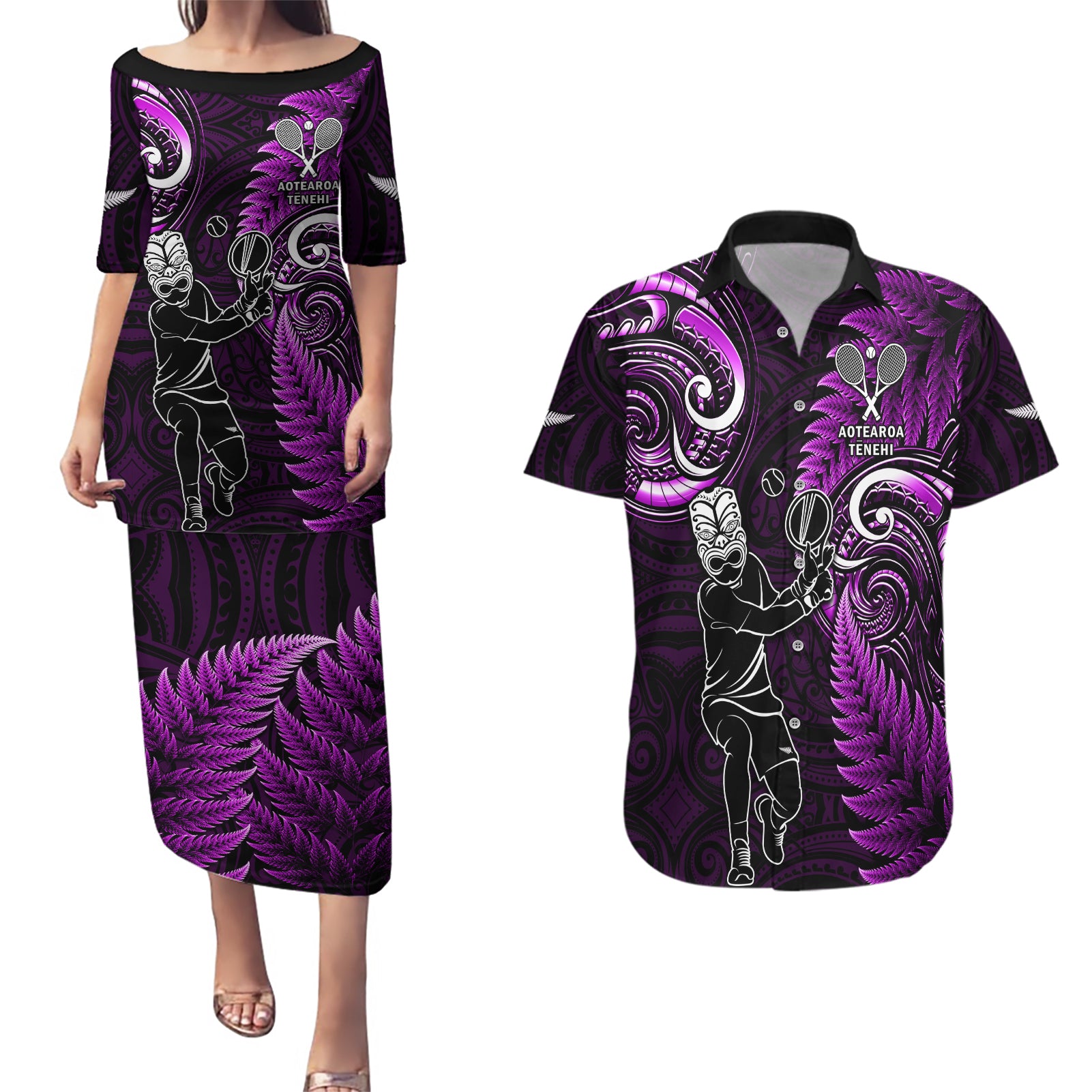 New Zealand Tiki Tennis Couples Matching Puletasi and Hawaiian Shirt 2024 Aotearoa Tenehi Maori Silver Fern - Purple LT14 Purple - Polynesian Pride