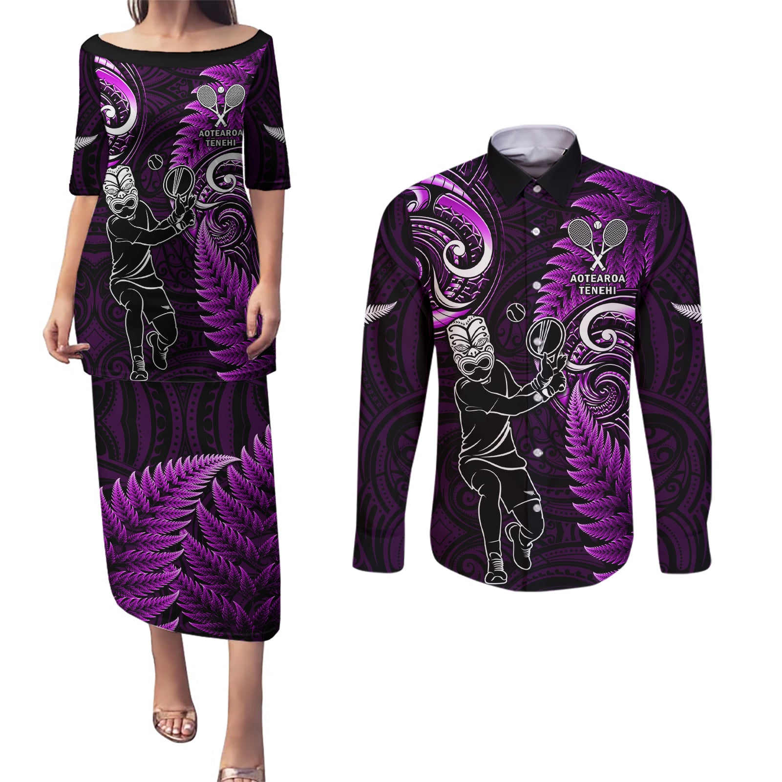 New Zealand Tiki Tennis Couples Matching Puletasi and Long Sleeve Button Shirt 2024 Aotearoa Tenehi Maori Silver Fern - Purple LT14 Purple - Polynesian Pride