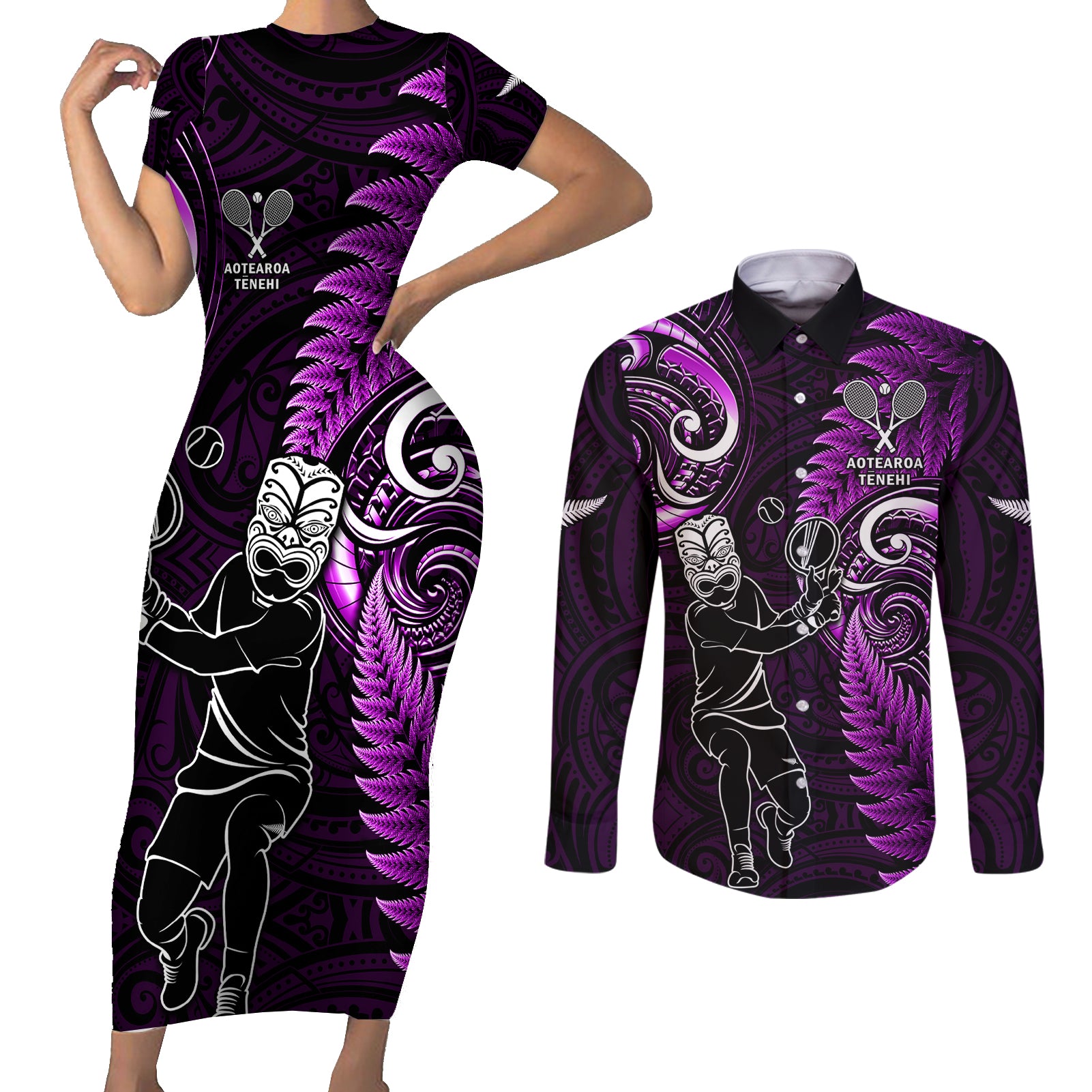 New Zealand Tiki Tennis Couples Matching Short Sleeve Bodycon Dress and Long Sleeve Button Shirt 2024 Aotearoa Tenehi Maori Silver Fern - Purple LT14 Purple - Polynesian Pride