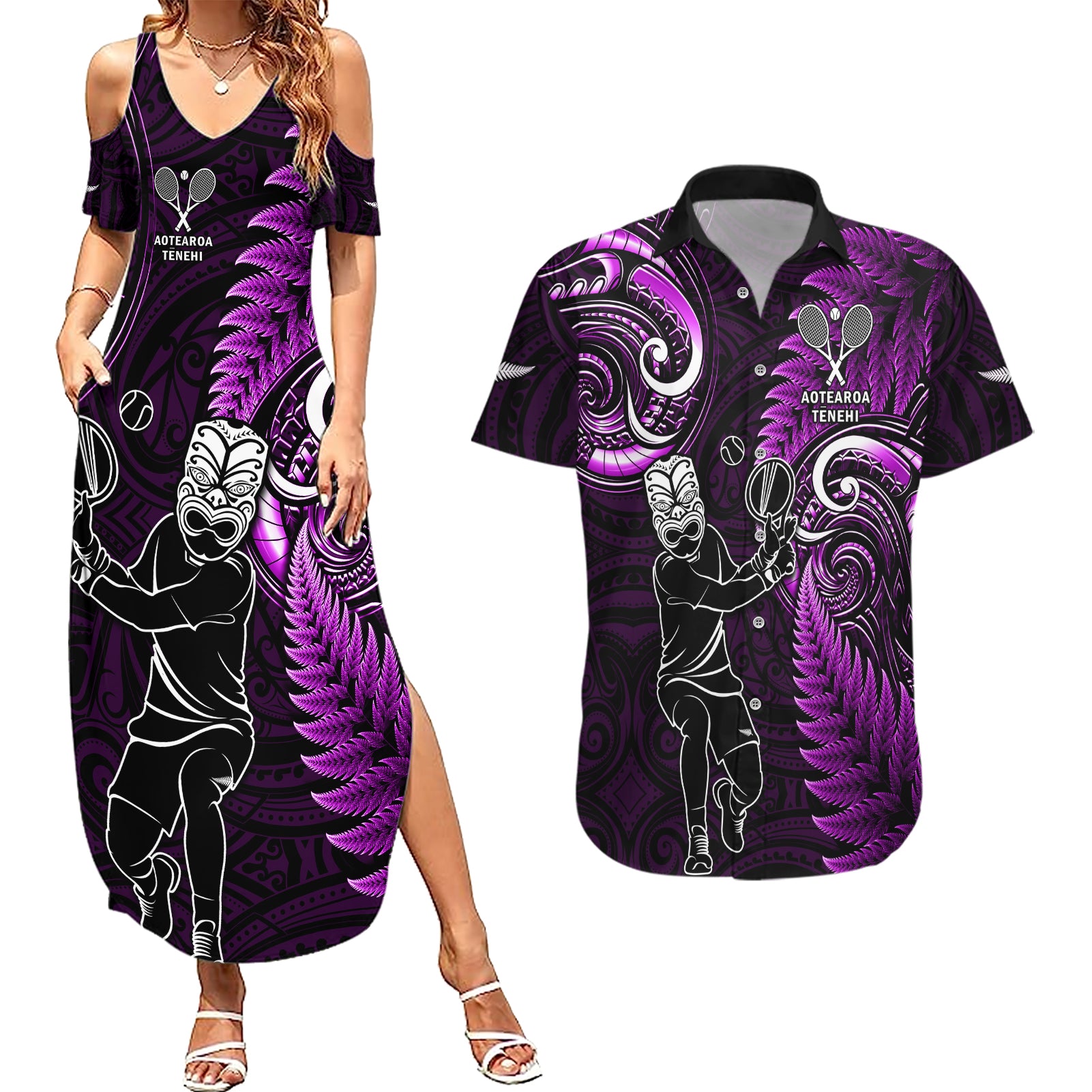 New Zealand Tiki Tennis Couples Matching Summer Maxi Dress and Hawaiian Shirt 2024 Aotearoa Tenehi Maori Silver Fern - Purple LT14 Purple - Polynesian Pride