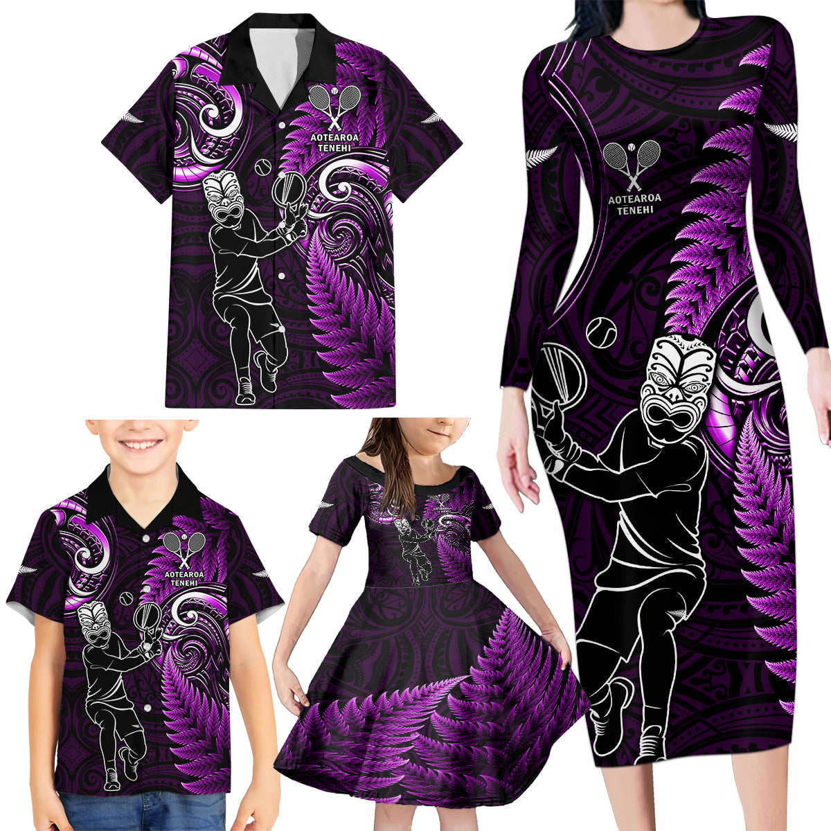 New Zealand Tiki Tennis Family Matching Long Sleeve Bodycon Dress and Hawaiian Shirt 2024 Aotearoa Tenehi Maori Silver Fern - Purple LT14 - Polynesian Pride