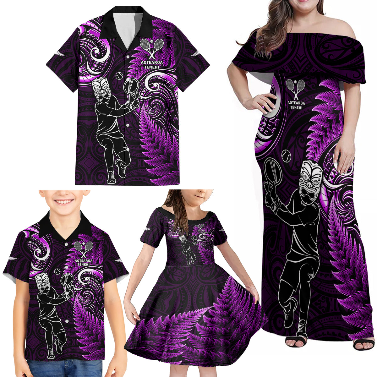 New Zealand Tiki Tennis Family Matching Off Shoulder Maxi Dress and Hawaiian Shirt 2024 Aotearoa Tenehi Maori Silver Fern - Purple LT14 - Polynesian Pride