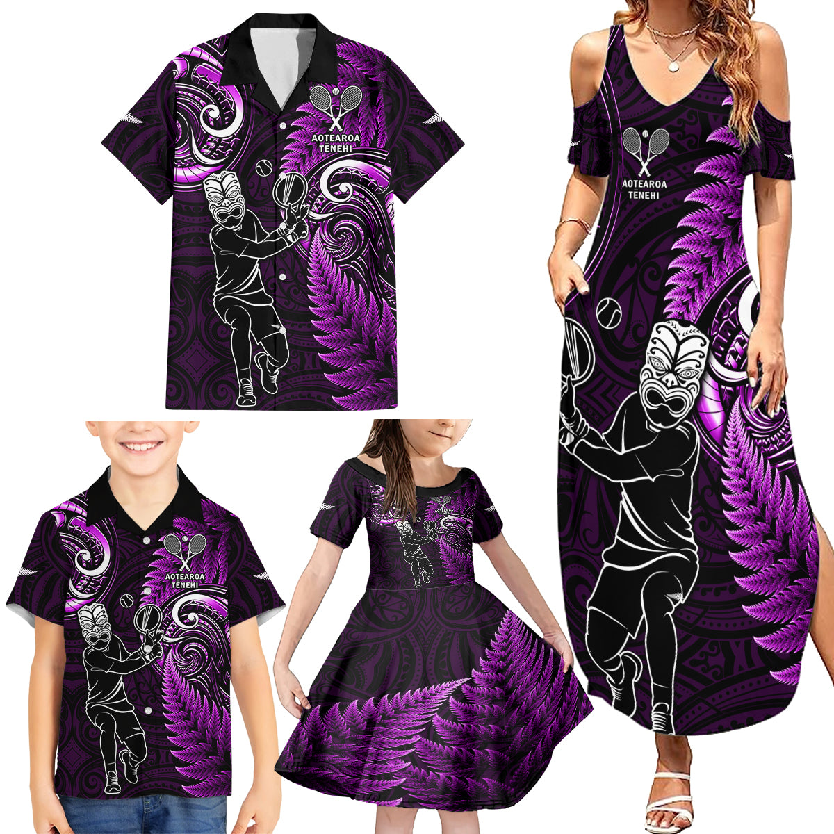 New Zealand Tiki Tennis Family Matching Summer Maxi Dress and Hawaiian Shirt 2024 Aotearoa Tenehi Maori Silver Fern - Purple LT14 - Polynesian Pride