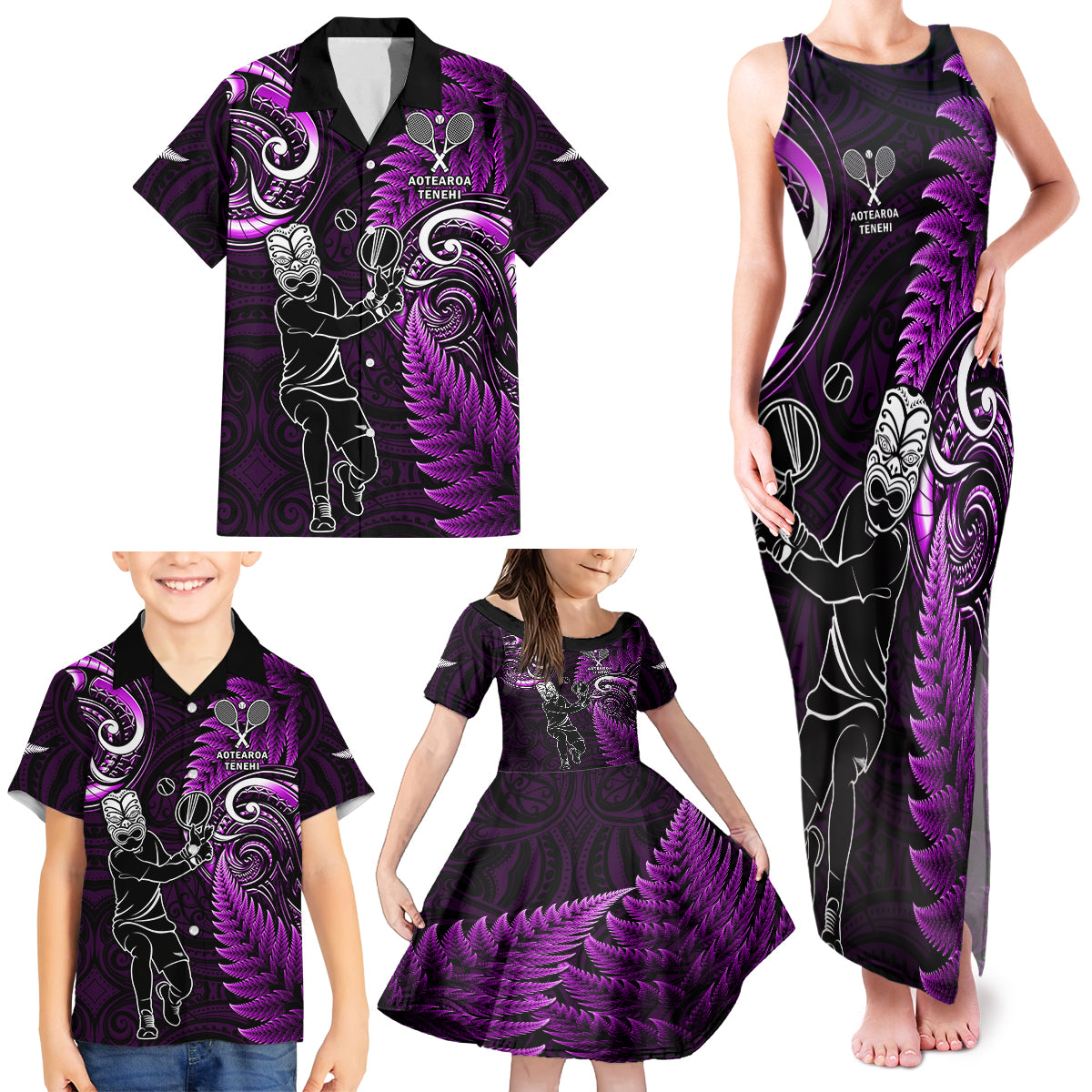 New Zealand Tiki Tennis Family Matching Tank Maxi Dress and Hawaiian Shirt 2024 Aotearoa Tenehi Maori Silver Fern - Purple LT14 - Polynesian Pride