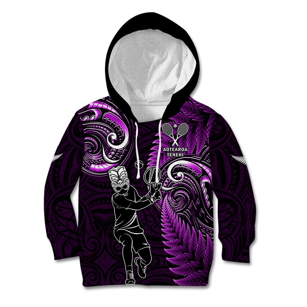 New Zealand Tiki Tennis Kid Hoodie 2024 Aotearoa Tenehi Maori Silver Fern - Purple LT14 Hoodie Purple - Polynesian Pride