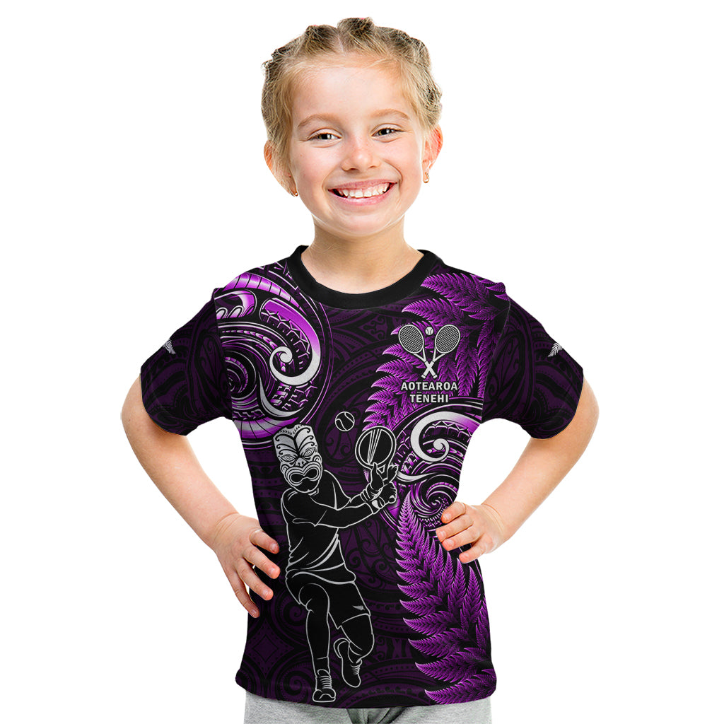 New Zealand Tiki Tennis Kid T Shirt 2024 Aotearoa Tenehi Maori Silver Fern - Purple LT14 Purple - Polynesian Pride