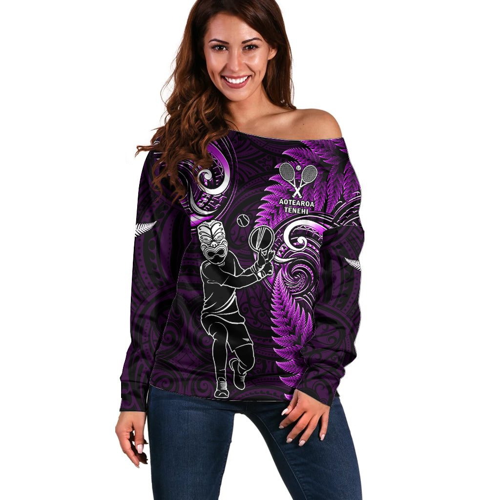 New Zealand Tiki Tennis Off Shoulder Sweater 2024 Aotearoa Tenehi Maori Silver Fern - Purple LT14 Women Purple - Polynesian Pride