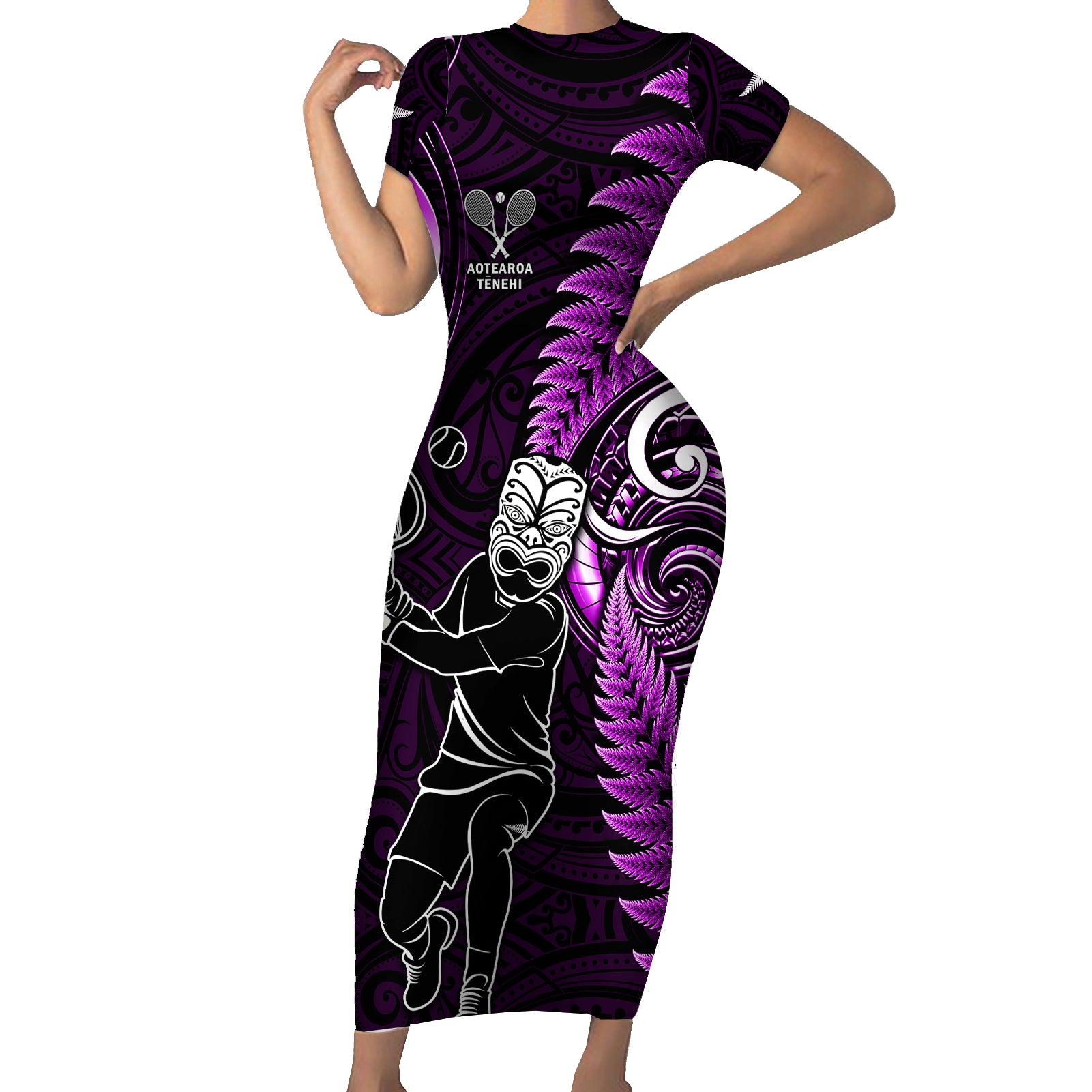 New Zealand Tiki Tennis Short Sleeve Bodycon Dress 2024 Aotearoa Tenehi Maori Silver Fern - Purple LT14 Long Dress Purple - Polynesian Pride