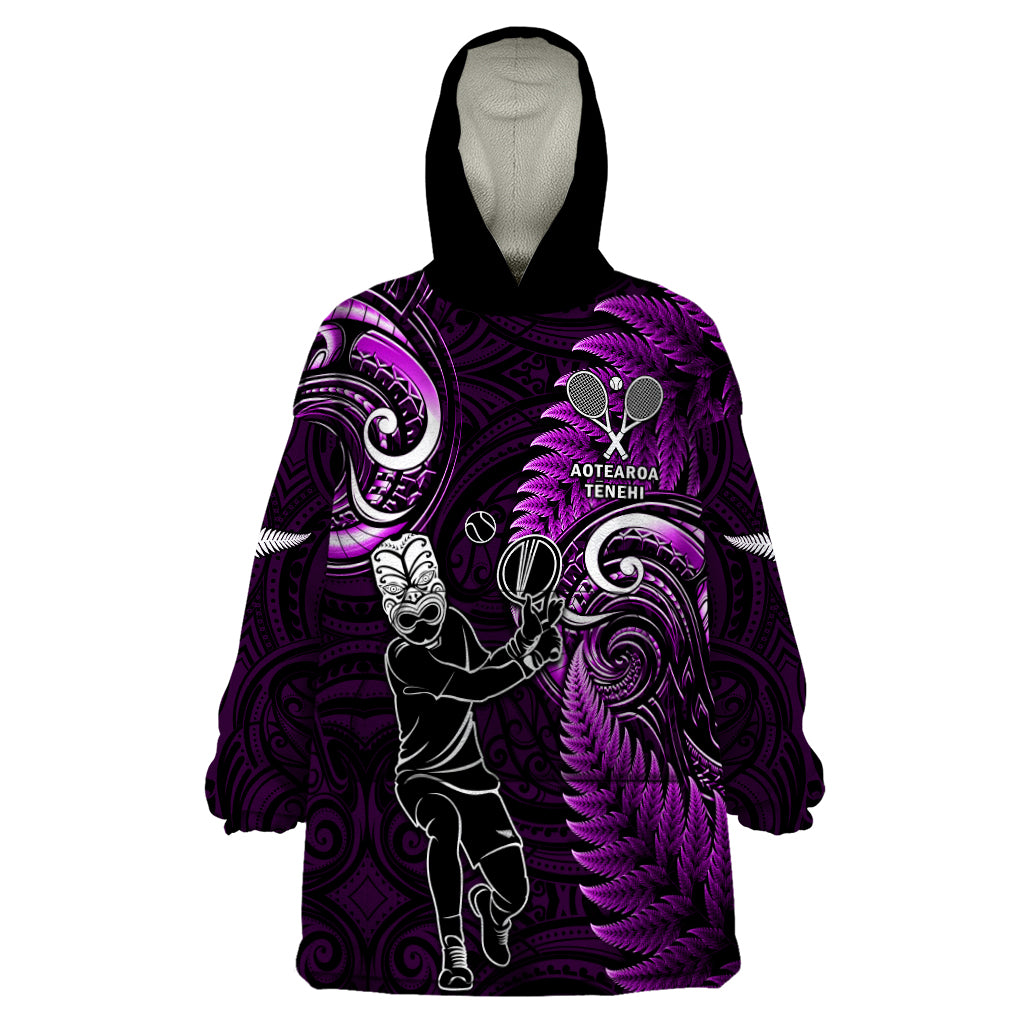 New Zealand Tiki Tennis Wearable Blanket Hoodie 2024 Aotearoa Tenehi Maori Silver Fern - Purple LT14 One Size Purple - Polynesian Pride