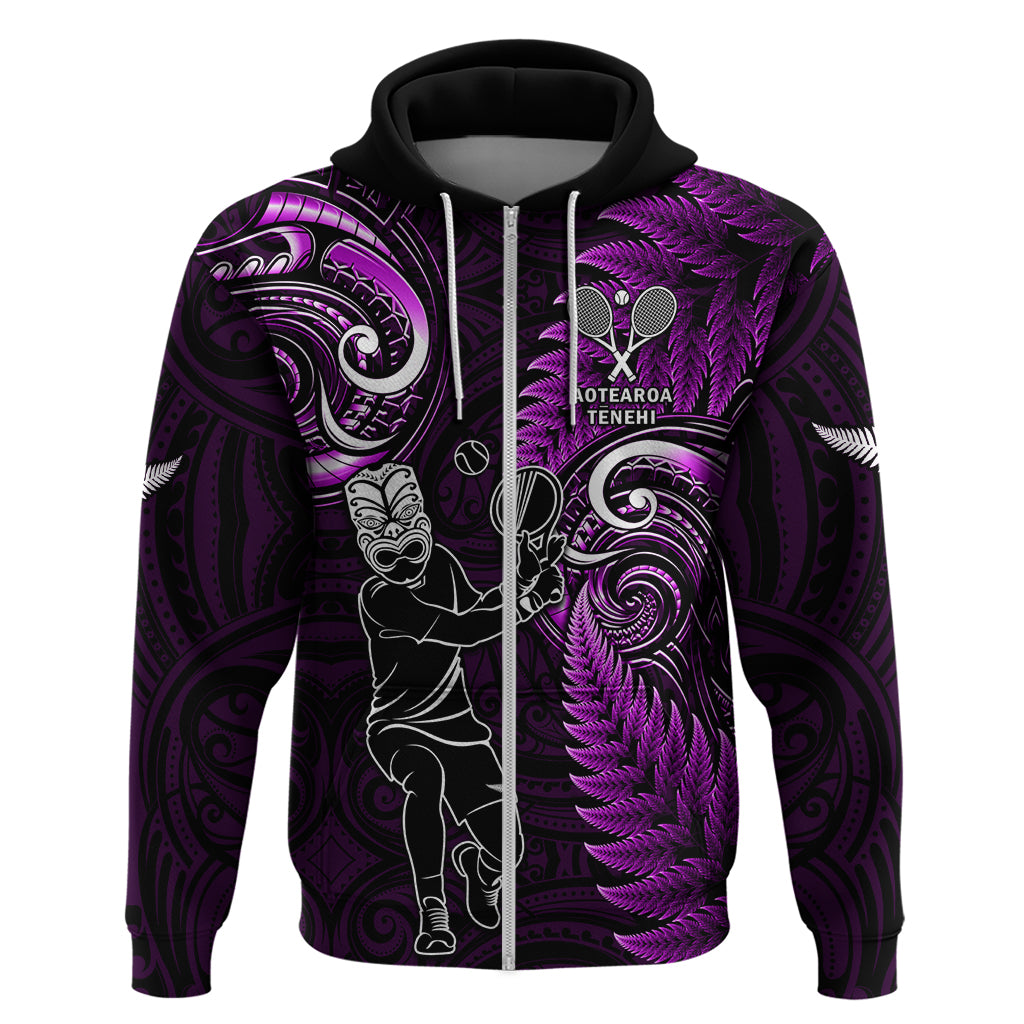 New Zealand Tiki Tennis Zip Hoodie 2024 Aotearoa Tenehi Maori Silver Fern - Purple LT14 Zip Hoodie Purple - Polynesian Pride