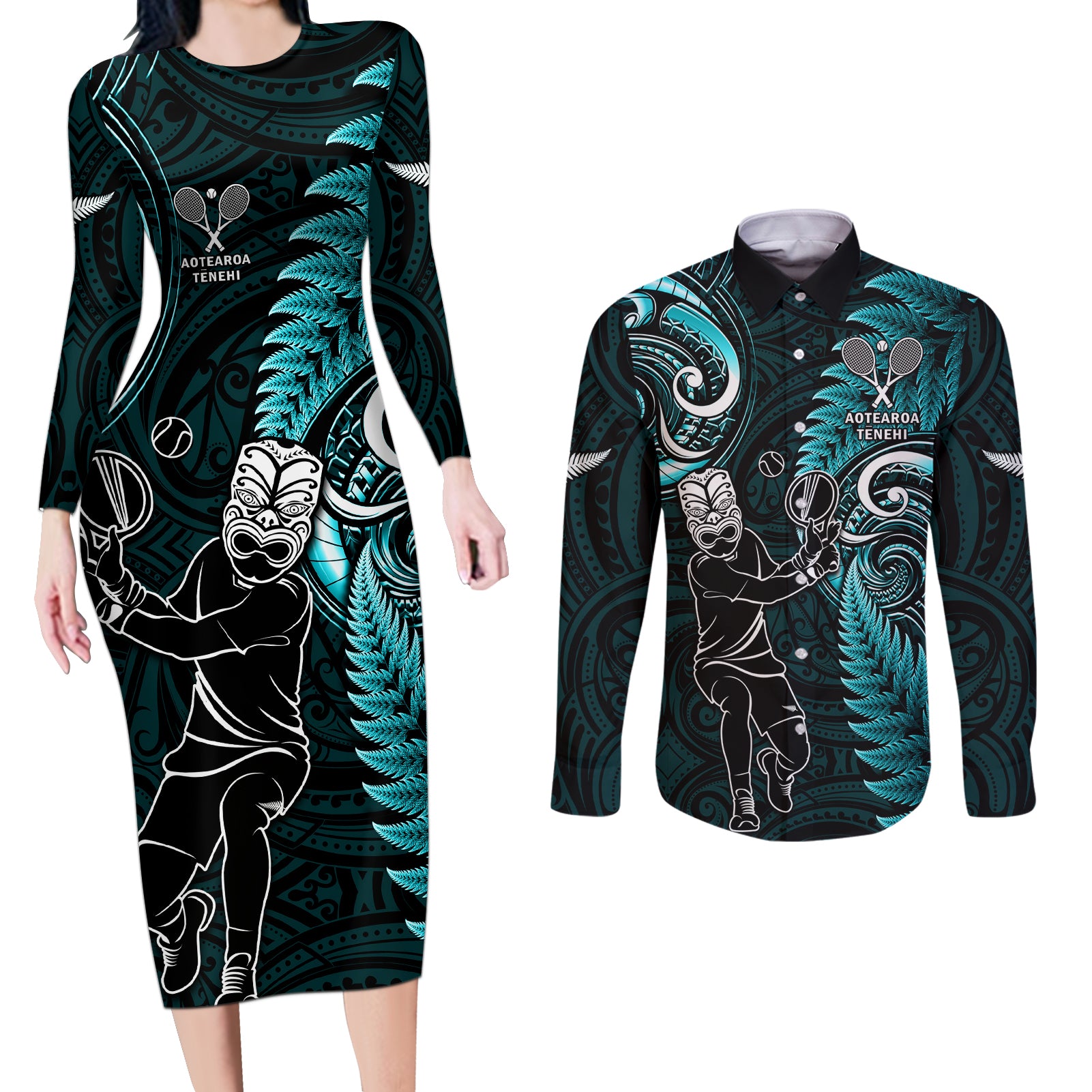 New Zealand Tiki Tennis Couples Matching Long Sleeve Bodycon Dress and Long Sleeve Button Shirt 2024 Aotearoa Tenehi Maori Silver Fern - Turquoise LT14 Turquoise - Polynesian Pride