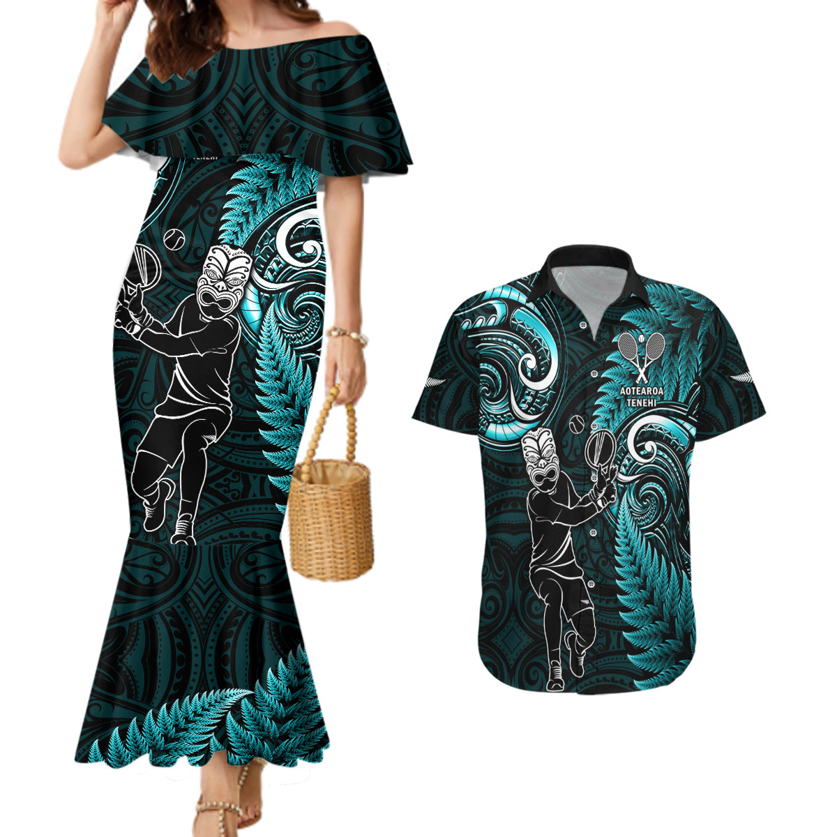 New Zealand Tiki Tennis Couples Matching Mermaid Dress and Hawaiian Shirt 2024 Aotearoa Tenehi Maori Silver Fern - Turquoise LT14 Turquoise - Polynesian Pride