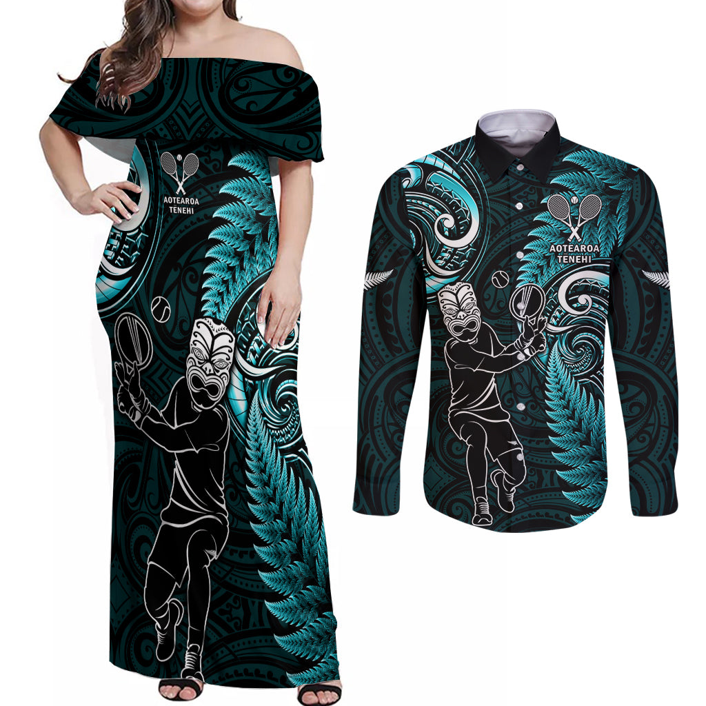 New Zealand Tiki Tennis Couples Matching Off Shoulder Maxi Dress and Long Sleeve Button Shirt 2024 Aotearoa Tenehi Maori Silver Fern - Turquoise LT14 Turquoise - Polynesian Pride