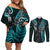 New Zealand Tiki Tennis Couples Matching Off Shoulder Short Dress and Long Sleeve Button Shirt 2024 Aotearoa Tenehi Maori Silver Fern - Turquoise LT14 Turquoise - Polynesian Pride