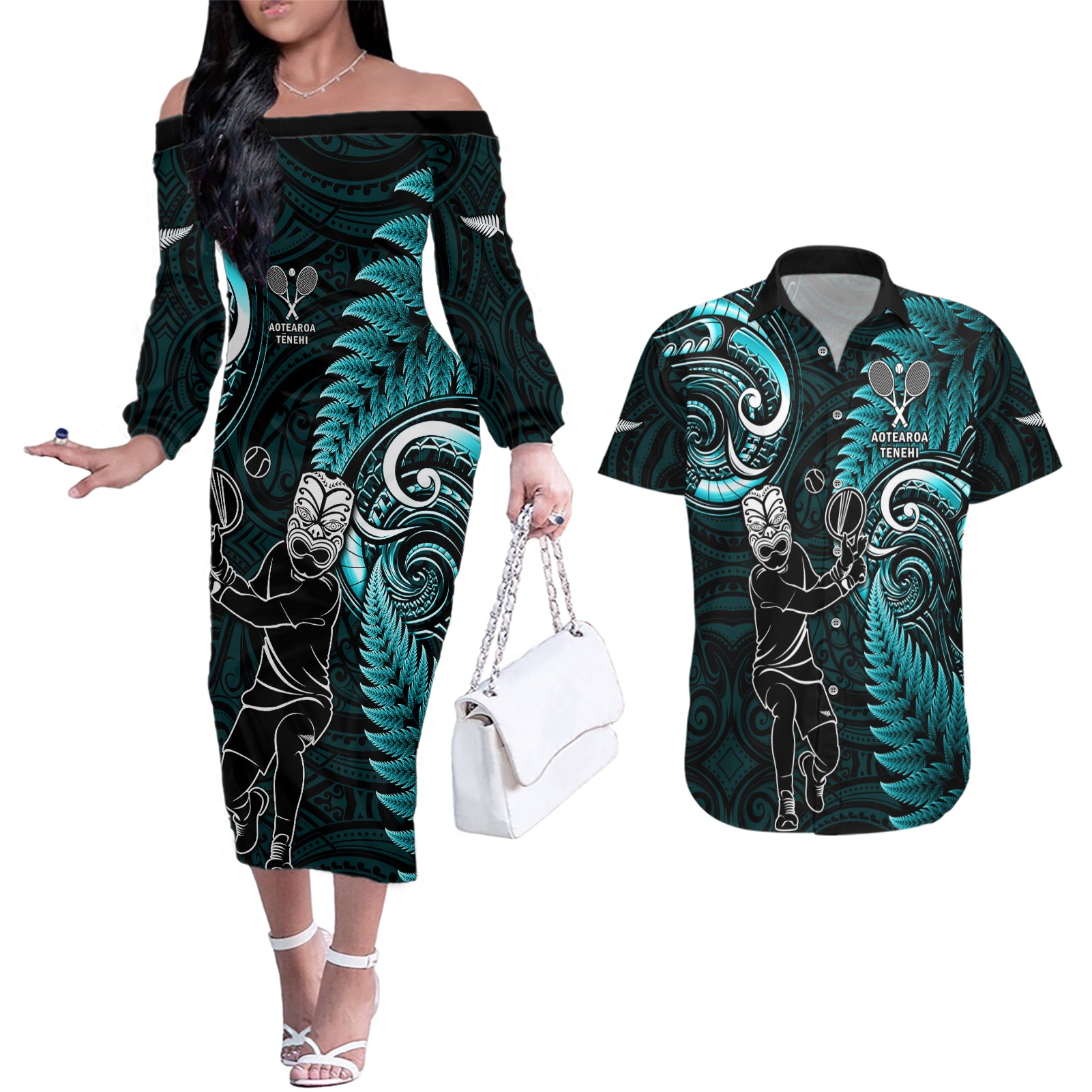 New Zealand Tiki Tennis Couples Matching Off The Shoulder Long Sleeve Dress and Hawaiian Shirt 2024 Aotearoa Tenehi Maori Silver Fern - Turquoise LT14 Turquoise - Polynesian Pride