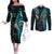 New Zealand Tiki Tennis Couples Matching Off The Shoulder Long Sleeve Dress and Long Sleeve Button Shirt 2024 Aotearoa Tenehi Maori Silver Fern - Turquoise LT14 Turquoise - Polynesian Pride