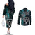 New Zealand Tiki Tennis Couples Matching Off The Shoulder Long Sleeve Dress and Long Sleeve Button Shirt 2024 Aotearoa Tenehi Maori Silver Fern - Turquoise LT14 - Polynesian Pride