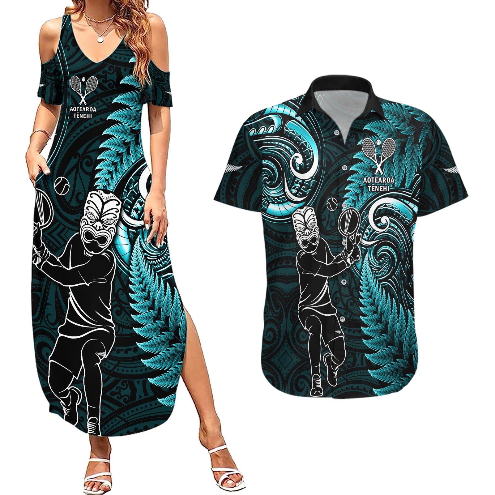 New Zealand Tiki Tennis Couples Matching Summer Maxi Dress and Hawaiian Shirt 2024 Aotearoa Tenehi Maori Silver Fern - Turquoise LT14 Turquoise - Polynesian Pride