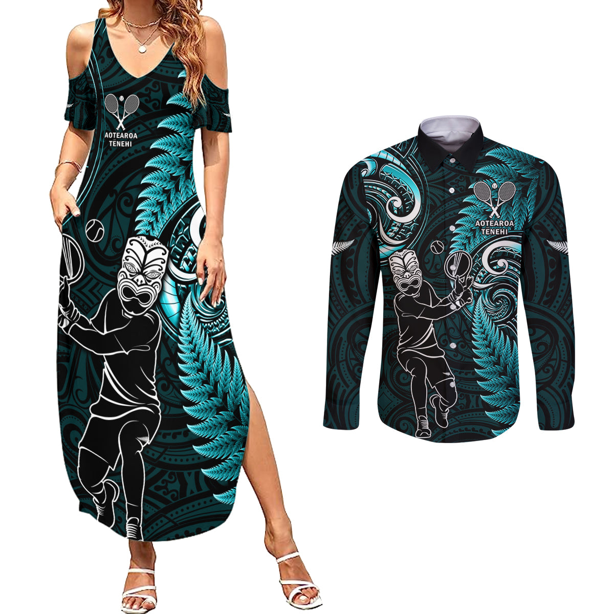 New Zealand Tiki Tennis Couples Matching Summer Maxi Dress and Long Sleeve Button Shirt 2024 Aotearoa Tenehi Maori Silver Fern - Turquoise LT14 Turquoise - Polynesian Pride