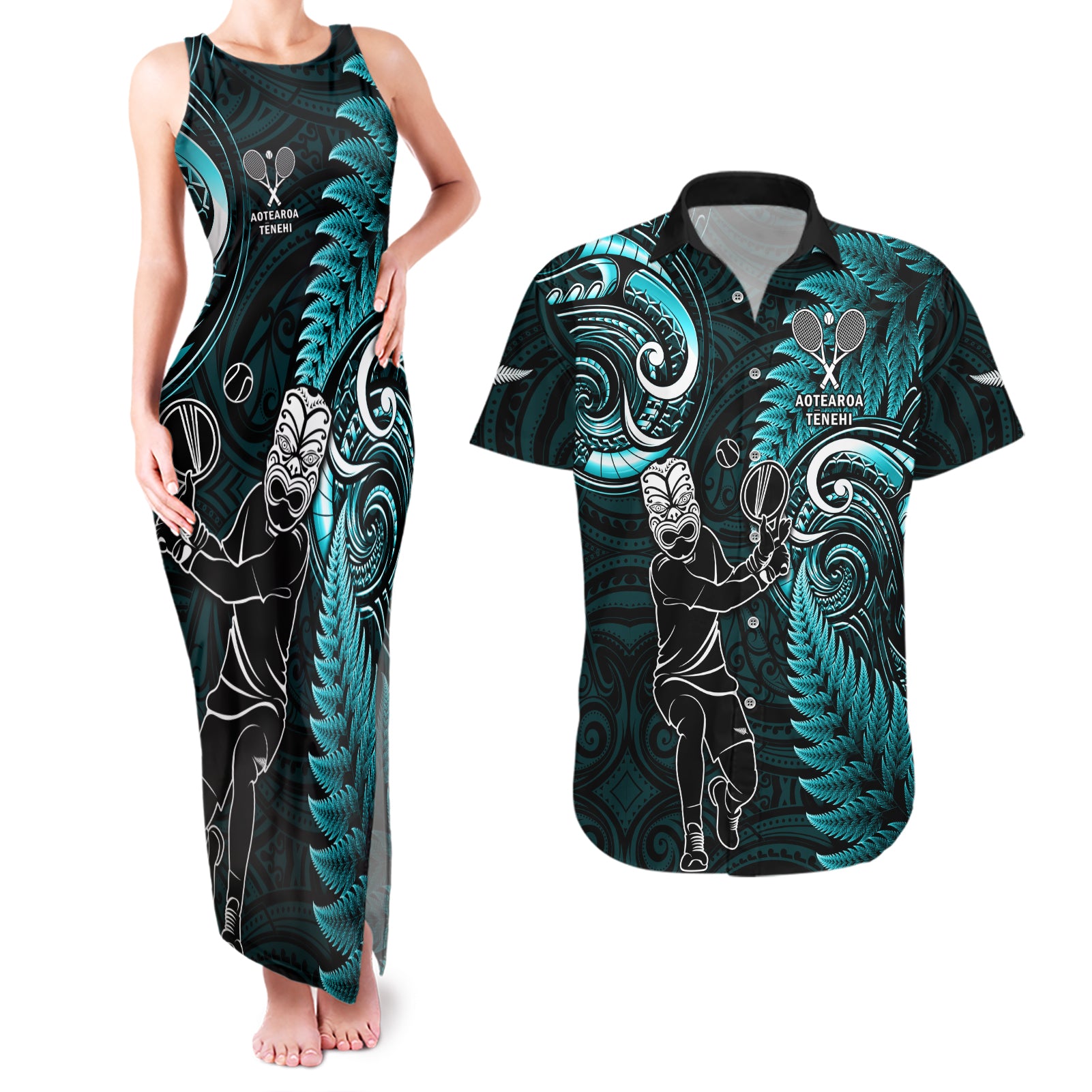 New Zealand Tiki Tennis Couples Matching Tank Maxi Dress and Hawaiian Shirt 2024 Aotearoa Tenehi Maori Silver Fern - Turquoise LT14 Turquoise - Polynesian Pride