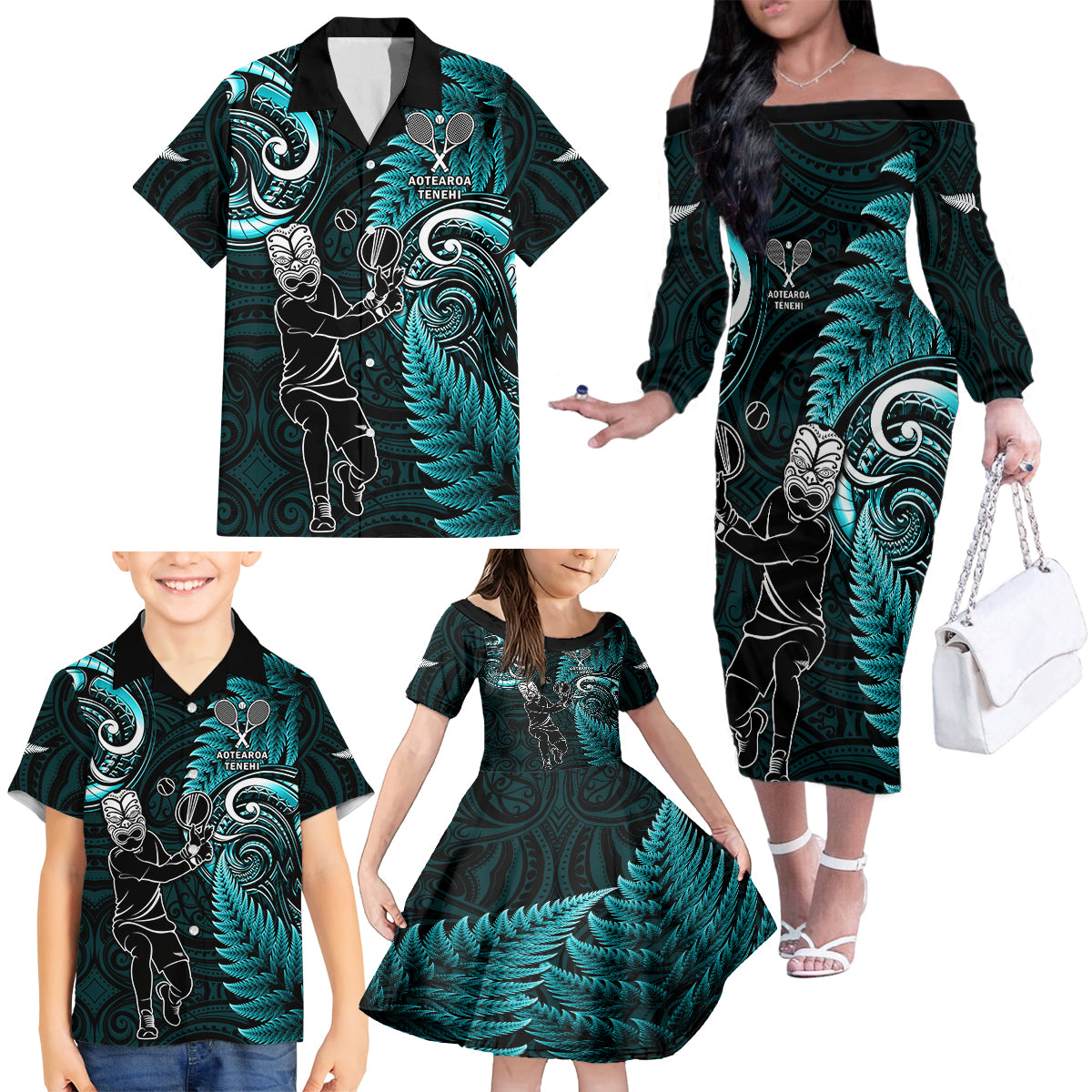 New Zealand Tiki Tennis Family Matching Off Shoulder Long Sleeve Dress and Hawaiian Shirt 2024 Aotearoa Tenehi Maori Silver Fern - Turquoise LT14 - Polynesian Pride