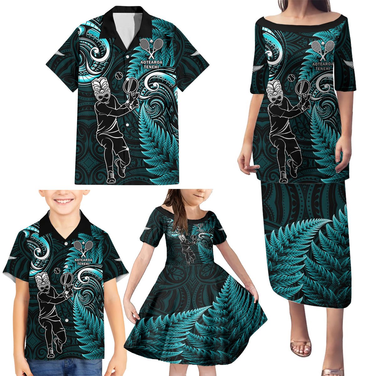 New Zealand Tiki Tennis Family Matching Puletasi and Hawaiian Shirt 2024 Aotearoa Tenehi Maori Silver Fern - Turquoise LT14 - Polynesian Pride