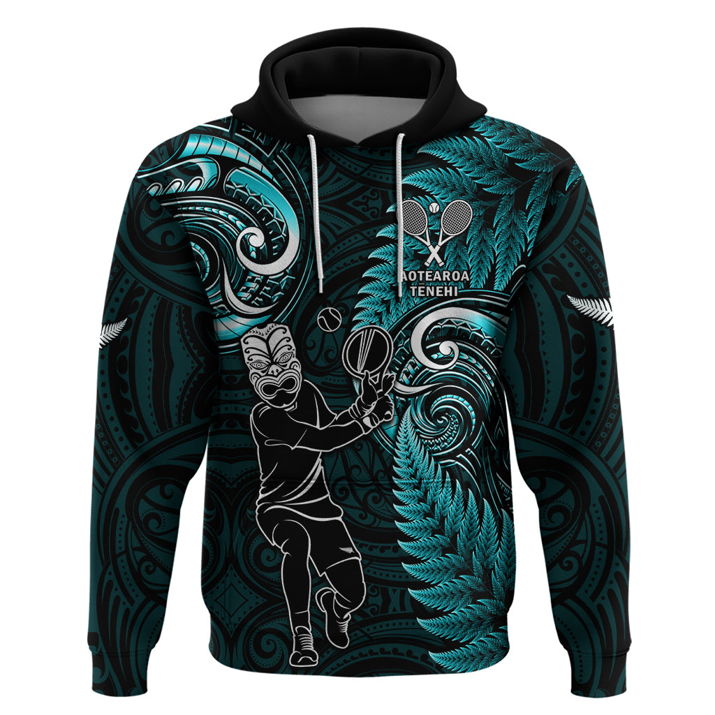 New Zealand Tiki Tennis Hoodie 2024 Aotearoa Tenehi Maori Silver Fern - Turquoise LT14 Pullover Hoodie Turquoise - Polynesian Pride