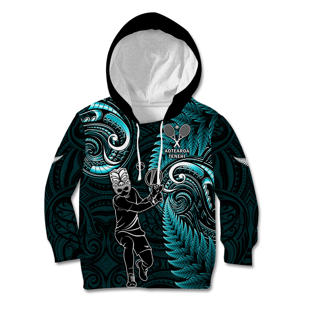 New Zealand Tiki Tennis Kid Hoodie 2024 Aotearoa Tenehi Maori Silver Fern - Turquoise LT14 Hoodie Turquoise - Polynesian Pride