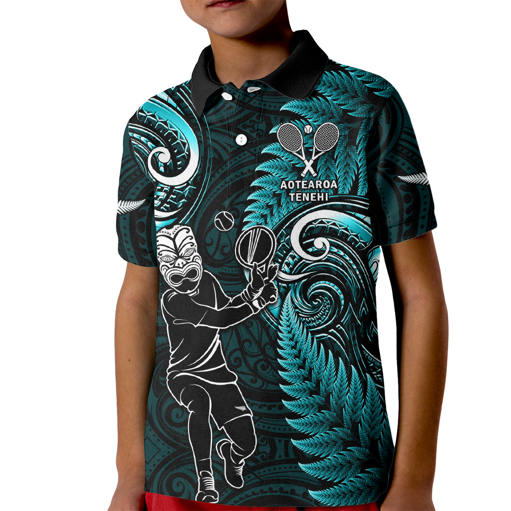 New Zealand Tiki Tennis Kid Polo Shirt 2024 Aotearoa Tenehi Maori Silver Fern - Turquoise LT14 Kid Turquoise - Polynesian Pride