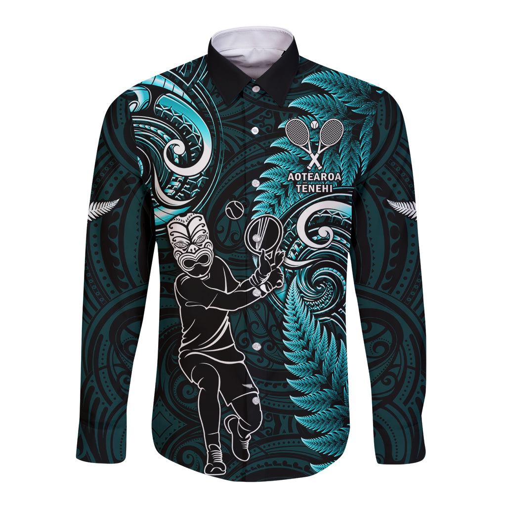 New Zealand Tiki Tennis Long Sleeve Button Shirt 2024 Aotearoa Tenehi Maori Silver Fern - Turquoise LT14 Unisex Turquoise - Polynesian Pride