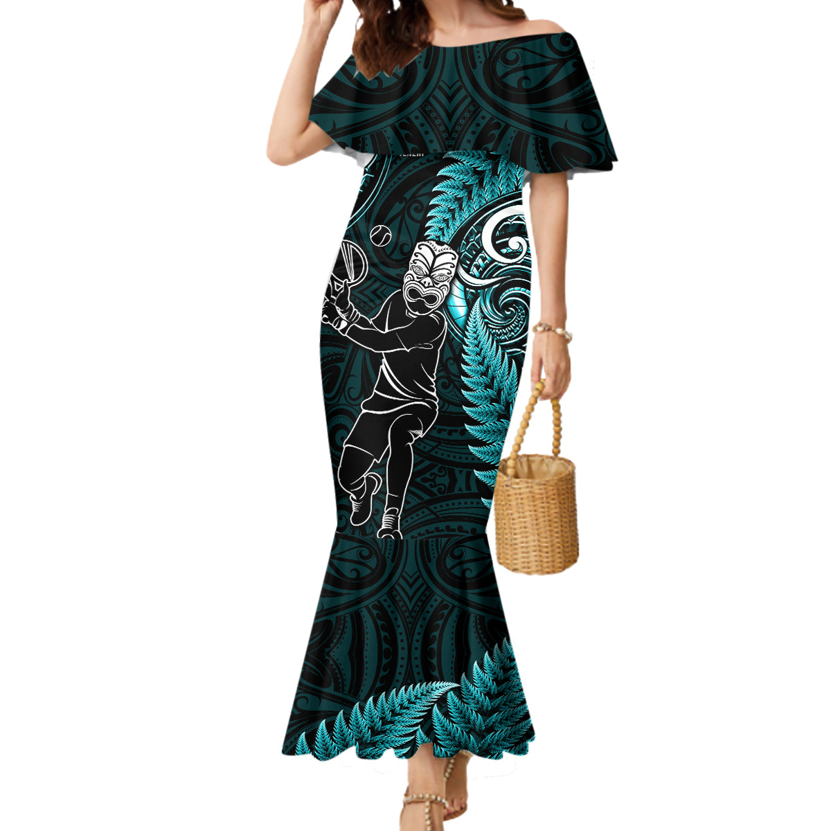 New Zealand Tiki Tennis Mermaid Dress 2024 Aotearoa Tenehi Maori Silver Fern - Turquoise LT14 Women Turquoise - Polynesian Pride