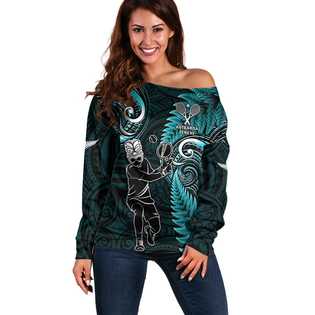 New Zealand Tiki Tennis Off Shoulder Sweater 2024 Aotearoa Tenehi Maori Silver Fern - Turquoise LT14 Women Turquoise - Polynesian Pride