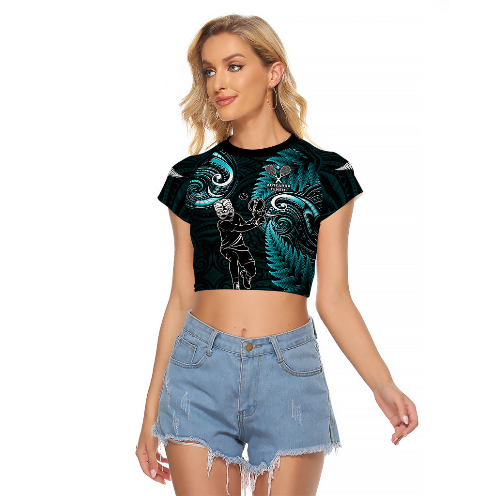 New Zealand Tiki Tennis Raglan Cropped T Shirt 2024 Aotearoa Tenehi Maori Silver Fern - Turquoise LT14 Female Turquoise - Polynesian Pride