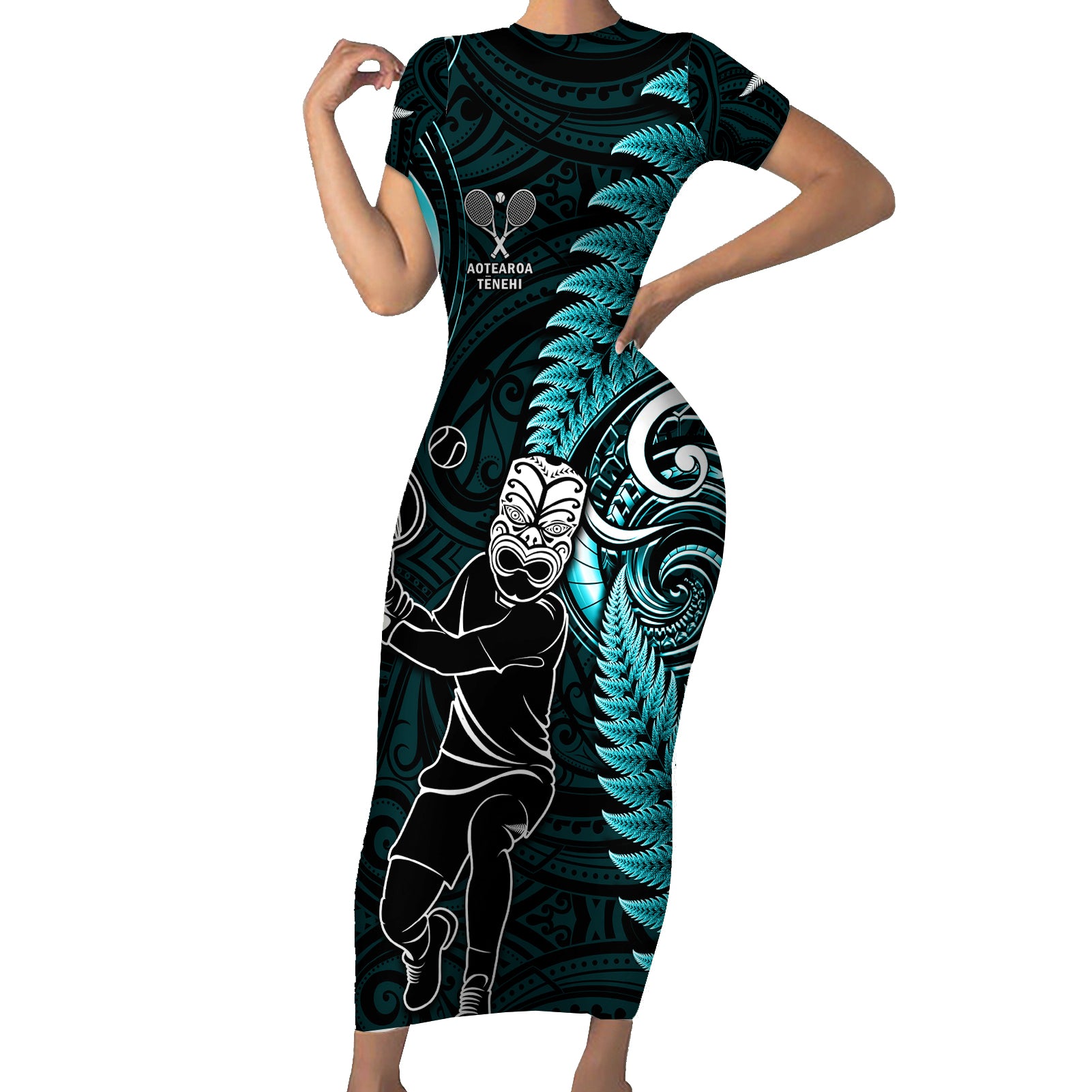 New Zealand Tiki Tennis Short Sleeve Bodycon Dress 2024 Aotearoa Tenehi Maori Silver Fern - Turquoise LT14 Long Dress Turquoise - Polynesian Pride