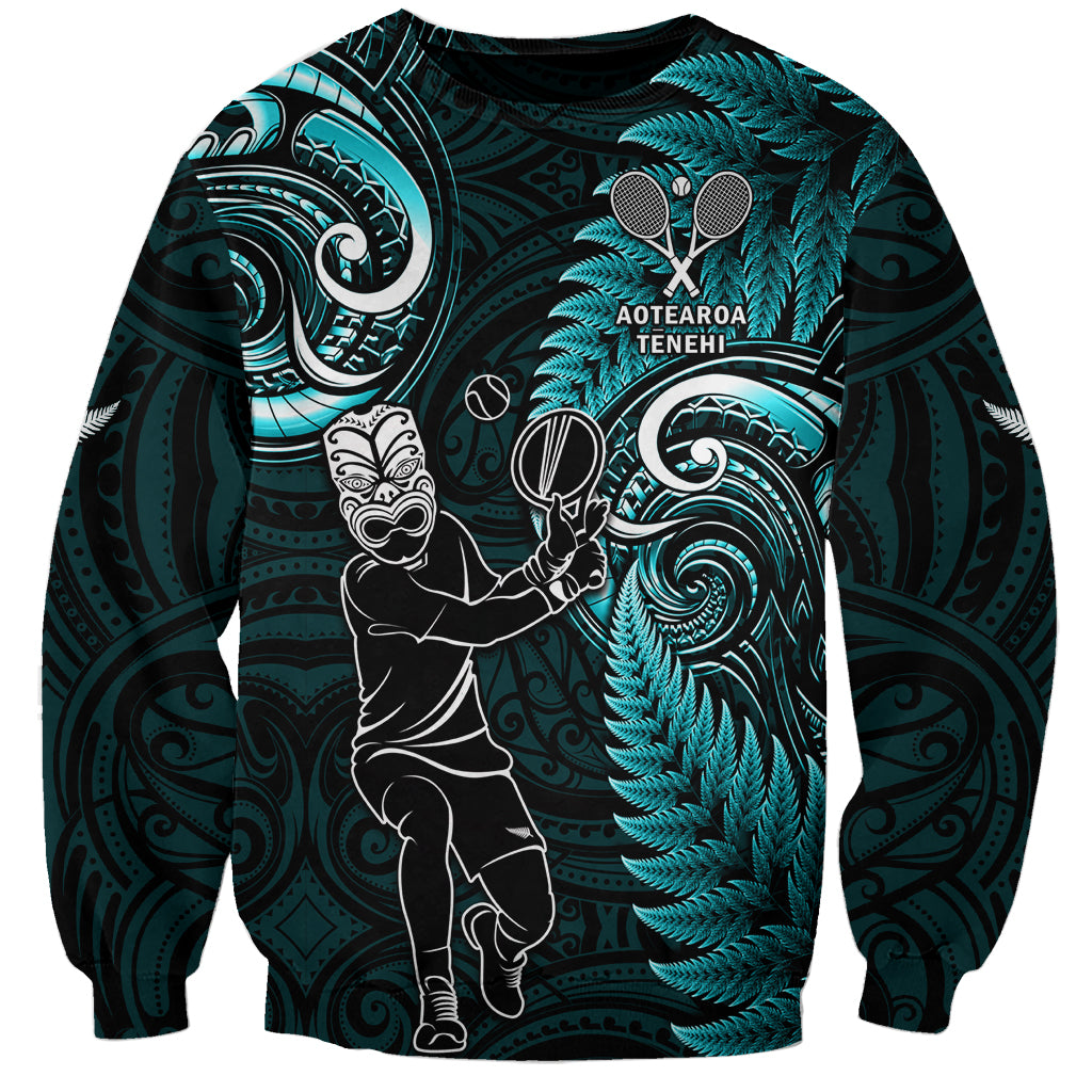 New Zealand Tiki Tennis Sweatshirt 2024 Aotearoa Tenehi Maori Silver Fern - Turquoise LT14 Unisex Turquoise - Polynesian Pride